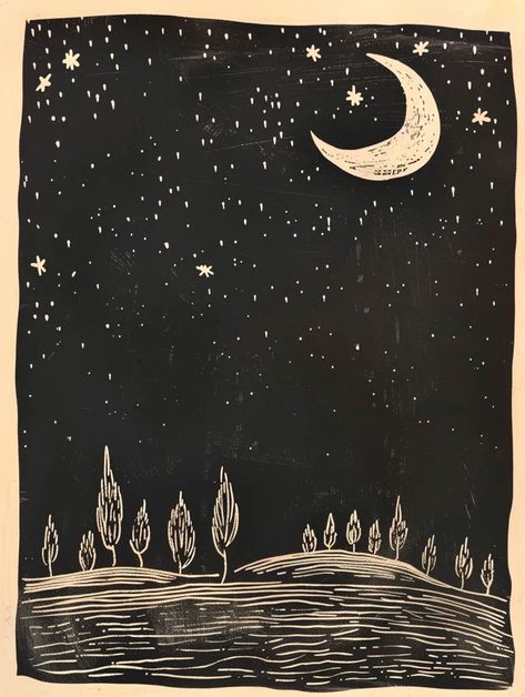 A linoleum print of a night sky with a crescent moon and many stars. There are trees on the horizon ->> more details in ai-img-gen.com Moon And Stars Illustration, Night Sky With Moon, Night Sky Illustration, Night Sky Artwork, Christmas Moon, Dark Silhouette, Night Illustration, Linoleum Print, Star Illustration