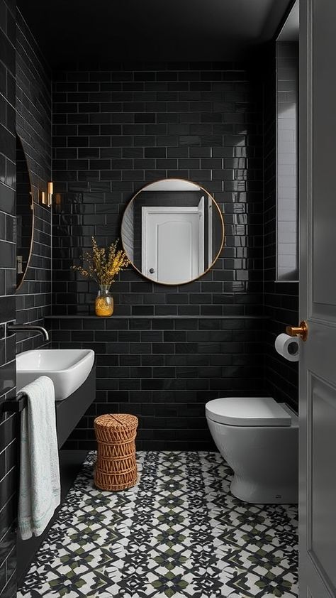 Transform your space with these 15+ Black Bathroom Decor Ideas that effortlessly blend sophistication and modern elegance. Discover how incorporating black elements can add both drama and style to any bathroom, making it a chic sanctuary. Black Bathroom Decor Ideas, Modern Black Vanity, Commercial Bathroom Designs, Black Marble Countertops, Black And Gold Bathroom, Black Bathroom Decor, Black Accent Walls, Boho Christmas Decor, Fun Throw Pillows