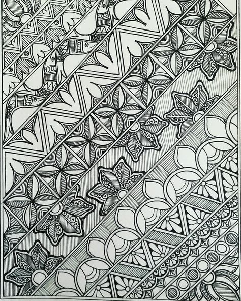 Madhubani Border, Painting Madhubani, Phad Painting, Mithila Painting, Border Ideas, Boho Art Drawings, Kalamkari Painting, Mandala Design Pattern, Madhubani Art