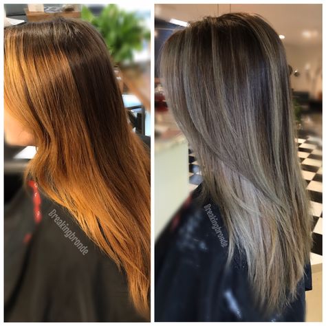 COLOR CORRECTION: Banded and Brassy To Ash Melt - Color - Modern Salon Toner For Brassy Hair, Tone Orange Hair, Toner For Orange Hair, Ash Toner, Color Melting Hair, Color Correction Hair, Perfect Blonde Hair, Rambut Brunette, Brassy Hair