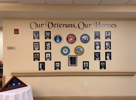 Veteran Wall Of Honor Ideas, Veterans Wall Of Honor Ideas, Wall Of Honor Ideas, Veterans Pictures, Memory Care Activities, Wall Of Honor, Memorial Ideas, Honoring Veterans, Military Decor