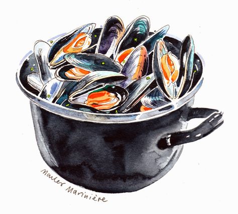 Mussels Mussels Drawing, Seafood Art, Watercolour Wash, Recipe Drawing, Food Still Life, Art Tutorials Watercolor, Watercolor Food, Pottery Painting Designs, Food Painting