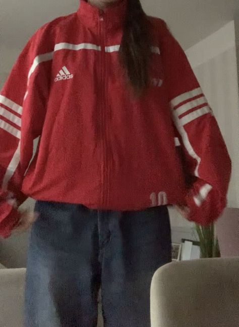 Red Adidas Jacket Outfit, Adidas Sweater Outfit, Adidas Jacket Outfit, Red Adidas Jacket, Red Shirt Outfits, Drippy Fits, Silly Clothes, 2000s Fashion Trends, Red Windbreaker