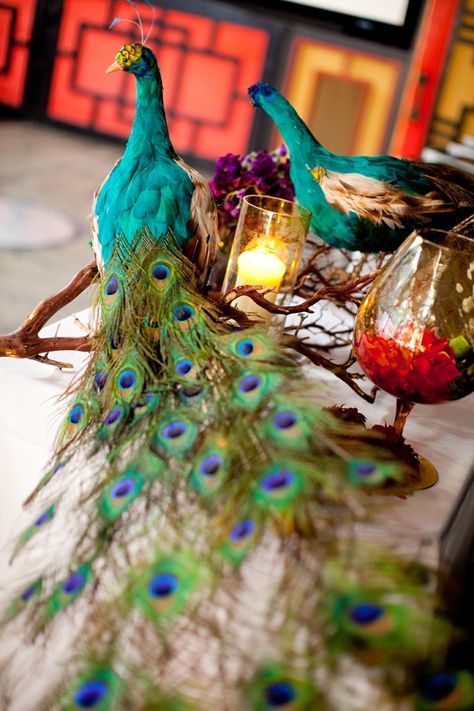 tablescapes in red and turquoise | Inspiration: Stunning Tablescapes! - Project Wedding Forums Peacock Pumpkin, Peacock Wedding Centerpieces, Peacock Wedding Inspiration, Peacock Themed Wedding, Peacock Centerpieces, Peacock Party, Peacock Wedding Theme, Decoration Theme, Colour Themes