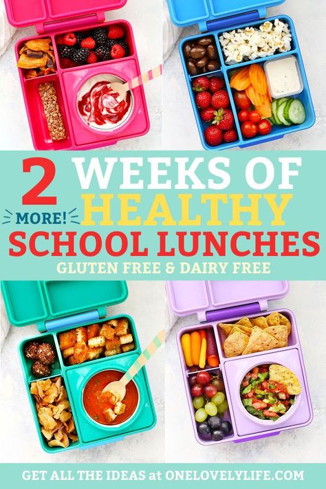 2 Weeks of Healthy School Lunches! These gluten free, dairy free school lunch ideas are all kid-tested and DELICIOUS! // School lunches // school lunch ideas // gluten free school lunches // dairy free school lunches // vegan school lunches, paleo school lunches #glutenfree #dairyfree #schoollunch #schoollunches #packedlunches #momhack Dairy Free Gluten Free School Lunches, Gf Bento Boxes, Easy Peanut Free School Lunches, Gluten And Dairy Free School Lunch Ideas, Dairy Free Bento Box Ideas, Gluten Free Dairy Free Lunches For Kids, Dairy Free Lunchbox Ideas, School Lunch Gluten Free, Gluten Free Lunch Box Ideas For Kids