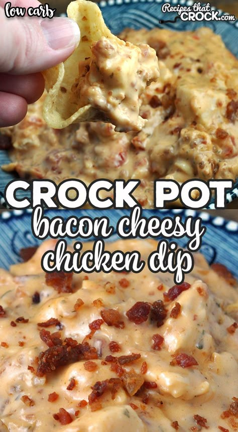 Chicken Bacon Ranch Dip Crock Pot, Crockpot Chicken Dips For Parties, Football Game Dips Crock Pot, Cream Cheese Crockpot Dip, Chicken Bacon Dip, Crockpot Chicken Appetizers, Crockpot Chicken Dip Recipes, Easy Crock Pot Dips For Parties, Easy Crockpot Appetizers For A Party