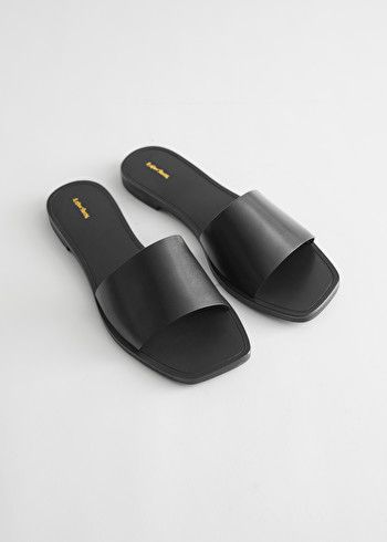 Squared Toe Leather Slide Sandals - Black - Flat sandals - & Other Stories US Black Sandals Flat, Leather Gladiator Sandals, Black Slides, Sandals Flats, City Breaks, Brown Leather Sandals, Leather Slide Sandals, Leather Wedge Sandals, Espadrille Sandals