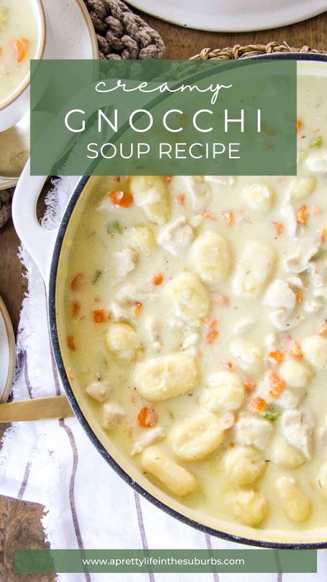 This Creamy Chicken Gnocchi Soup is a bowl full of comfort! Made with tender chicken, pillowy gnocchi and a rich, creamy broth. Ready in 35 minutes. Creamy Chicken And Gnocchi Soup, Chicken Gnocchi Soup Stovetop, Chicken Gnocchi Soup Crockpot, Gnocchi Soup Recipes, Creamy Gnocchi Soup, Olive Garden Gnocchi Soup, Creamy Chicken Gnocchi Soup, Creamy Chicken Gnocchi, Chicken And Gnocchi Soup