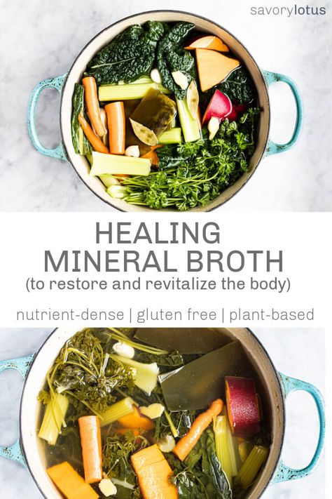 A simple recipe for a comforting and nourishing healing mineral broth that can be sipped on its own or used in soups and stews to restore and revitalize the body. A true medicinal tonic. #broth #mineralbroth #plant-based #soup #stock #savorylotus Mineral Broth Recipe, Healing Broth Recipes, Healing Food Recipes, Simple Bone Broth Recipe, Cold Healing Soup, Healing Vegetable Broth, Natural Antibiotic Soup, Mineral Broth, Sipping Broth Recipes