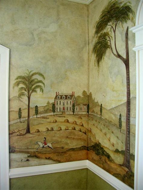 Rufus Porter inspired wall mural Early American Decor, Colonial Home Decor, Mural Stencil, Primitive Painting, Primitive Walls, American Primitive, Primitive Colonial, Colonial Decor, Primitive Decorating Country