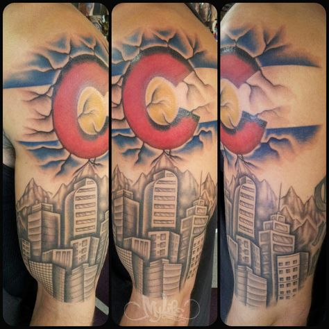 Colorado is where I'm from! Super fun custom piece representing the Mile High City of Denver! Denver Tattoo Ideas, Denver Tattoo, High Tattoo, Colorado Tattoo, Skyline Tattoo, Denver Skyline, Custom Tattoos, C Tattoo, Mile High City