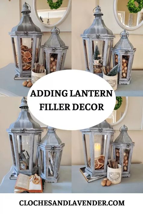 How To Add Filler Decor To Lanterns Seasonally | Hometalk Summer Lantern Decor Ideas, Decorating Lanterns Ideas, Decorate Lanterns Ideas, Large Lantern Decor Ideas, Spring Lantern Decor Ideas, How To Decorate A Lantern, Lantern Filler Ideas, Spring Lantern Decor, Lantern Styling