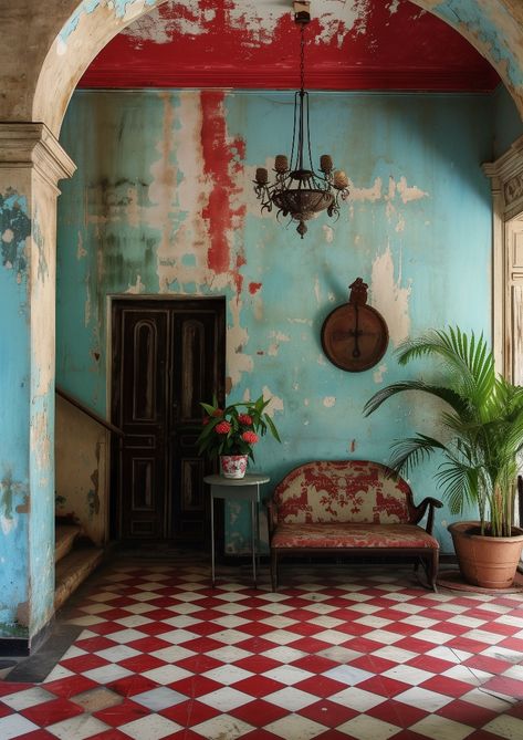 Typical Cuban interior with a beautiful colonial red checkerboard tiled floor Cuban Interior Design, Cuban Interior, Faux Finish Walls, Cuban Design, Cuban Decor, Trip To Cuba, Tiled Floor, Distressed Walls, Airbnb Ideas