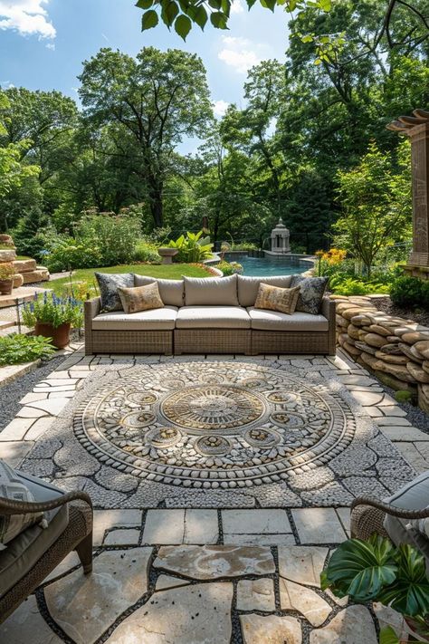 Flagstone Patio Design, Paver Patio Ideas, Stamped Concrete Walkway, Cobblestone Patio, Paver Ideas, Outdoor Pavers, Paver Designs, Modern Outdoor Spaces, Concrete Walkway