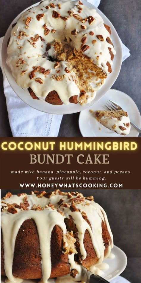 Coconut Hummingbird Bundt Cake – Honey, Whats Cooking Hummingbird Pound Cake Recipe, Hummingbird Bundt Cake From Box Recipe, Coconut Bundt Cake From Cake Mix Boxes, Hummingbird Cake With Coconut, Hummingbird Cheesecake, Hummingbird Bundt Cake, Coconut Bundt Cake, Hummingbird Cake Recipes, Coconut Icing