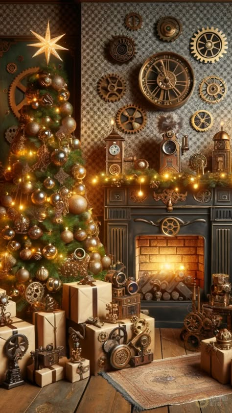 Step into a cozy steampunk Christmas wonderland, where a beautifully adorned living room exudes warmth and holiday cheer, blending the magic of the season with Victorian elegance. Victorian Christmas Aesthetic Wallpaper, Victorian Christmas Aesthetic, Future Steampunk, Victorian Steampunk Aesthetic, Town Bloxburg, Steampunk Phone, Steampunk Christmas Tree, Craft Animals, Steampunk Journal