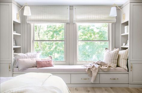 Storage-rich cabinetry and open bookshelves frame an extra-deep window seat in the girls’ bedroom Jackson Leroy, Window Seat With Bookshelves, Bedroom Window Seat, Sunroom Dining, Window Seat Design, Fresh Beginnings, Bedroom Seating, Bedroom Window, Open Living Room