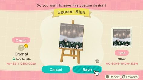 Animal Crossing Stall Codes, Stall Pattern Animal Crossing, Custom Stall Design Animal Crossing, Acnh Stall Custom, Museum Sign Animal Crossing, Winter Season, Animal Crossing, Custom Design, Coding