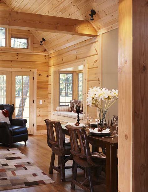 Rustic Cabin Interior Walls, Modern Pine Cabin, Wood Interior Walls Living Room, Pine House Interiors, Whitewashed Log Cabin Interior, Cabin With Pine Walls, Light And Airy Cabin, Light Pine Walls, All Wood Interior Cabin