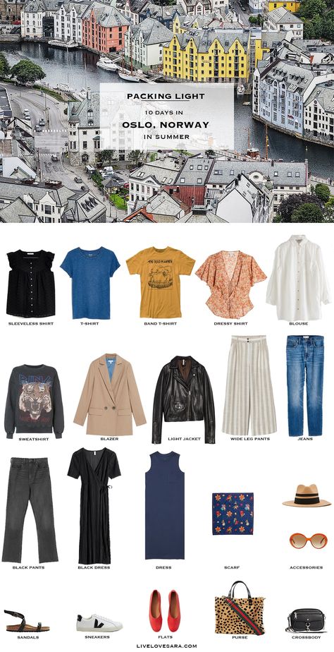 If you are wondering what to pack for a trip to Oslo, Norway I've got you covered. Look no further for a good Oslo, Norway travel wardrobe. Norway In Summer, Oslo Norway Travel, Summer Packing List, Travel Capsule Wardrobe Summer, Summer Packing Lists, Pack For A Trip, Summer Packing, Packing Ideas, Travel Capsule Wardrobe