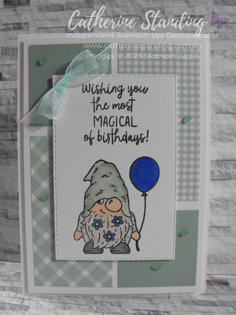 Card featuring Stampin' Up! Friendly Gnomes stamp set with images coloured with Stampin’ Blends. #cardcreationswithcatherine #stampinup #cards #cardmaking #papercraft #handmadecards #friendlygnomes #gnome #heart #stampinblends Stampin Up Gnome Birthday Cards, Stampin Up Friendly Gnomes Birthday Cards, Stampinup Friendly Gnomes, Gnome Birthday Cards Handmade, Stampin Up Gnomes 2022, Friendly Gnomes Stampin Up Cards, Stampin Up Friendly Gnomes, Kindest Gnomes Stampin Up Cards, Stampin Up Gnomes