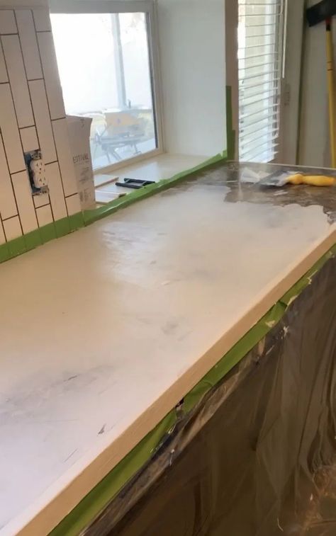 Diy Cement Countertops Over Laminate, Easy Countertop Makeover Laminate, Concrete Looking Countertops, Micro Cement Countertop, Concrete Over Laminate Countertops, Tiled Countertop Bathroom, Diy Concrete Countertops Over Laminate, White Concrete Countertop, Apartment Diys