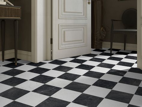 Classica - Terratinta Group Black And White Chequered Floor, Black And White Square Tile Bathroom, Black And White Tiles Hallway, Black And White Tile Bathroom Floor, Checkered Marble Floor, Black And White Floor Tiles, Marble Kitchen Wall Tiles, Limestone Bathroom Tiles, Hallway Tiles