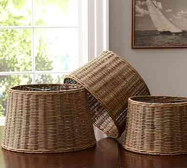 Rattan lamp shades for a beachy look. Lamp Shade Rattan, How To Make A Wicker Lamp Shade, Wicker Lampshade Diy, Wicker Lamp Shade Rattan, Diy Basket Lamp Shade, Rattan Lamp Shades, Diy Wicker Lamp Shade, Basket Lampshade Diy, Diy Rattan Lampshade