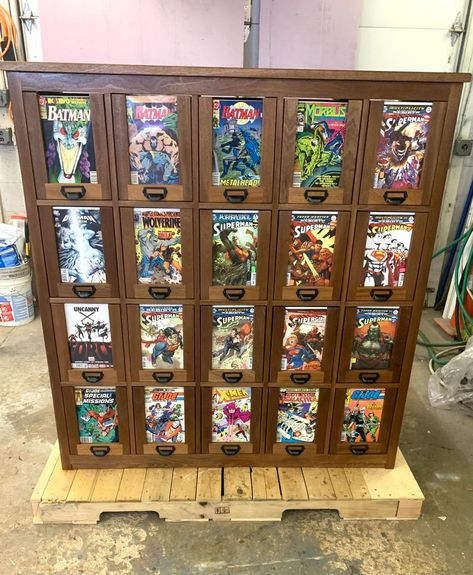 20 Drawer Comic Book Storage Cabinet Comic Book Storage, Cabinet Base, Scratched Wood, Storage Cabinet With Drawers, Dog Crates, Comic Book Collection, Furniture Repair, Book Storage, Custom Made Furniture