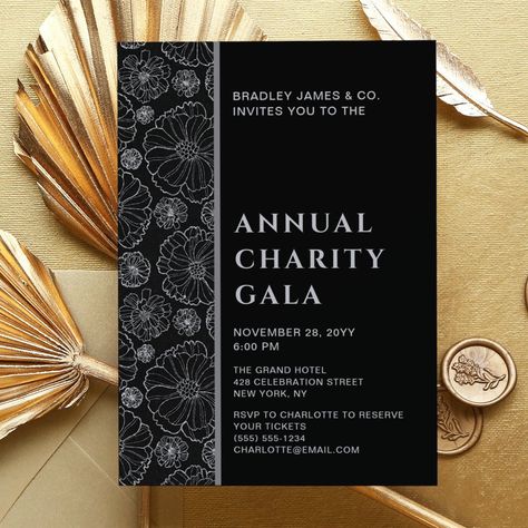 Elegant Black Botanical Charity Event Gala Party Invitation Christmas Invite Template, Christmas Place Cards, Christmas Dinners, Gala Party, Table Making, Christmas Pregnancy Announcement, Christmas Place, Christmas Invitation, Event Invitations