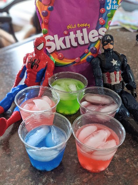 Superhero inspired Super Drinks Superhero Snacks For School, Superhero Snacks For Kids, Super Hero Snacks, Skittles Drink, Superhero Snacks, Ant Man Movie, Super Hero Day, Superhero Kids, Family Fun Day