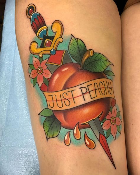 Evan Qualls on Instagram: “🍑 Just Peachy 🍑 Thanks again, Miranda for getting this! Fun one made during my guestspot in Katy @advent_tattoo #justpeachy #peachtattoo” Just Peachy Tattoo, Peachy Tattoo, 11 Tattoo, Peach Tattoo, Themed Tattoos, Just Peachy, Traditional Tattoo, Do More, Skull Tattoo