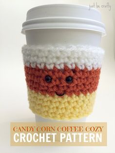 Crochet Candy Corn Cup Cozy, Crochet Halloween Cup Cozy Free Pattern, Crochet Fall Cup Cozy Free Pattern, Cup Cozies Crochet Pattern Free, Crochet Cozy Free Pattern, Crochet Coffee Cozy Free Pattern, Crochet Coffee Cup Cozy, Crochet Candy Corn, Crochet Cozies