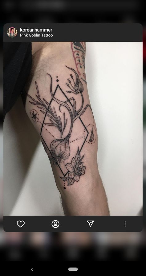 Bouquet Of Herbs Tattoo, Herb Tattoo Sleeve, Bouquet Garni Tattoo, Garlic Bulb Tattoo, Allium Tattoo, Garlic Tattoo, Bulb Tattoo, Herb Tattoo, Herb Bouquet