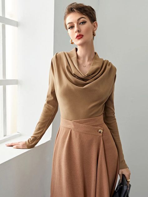 Cowl Neck Solid Tee | SHEIN USA Cowl Turtle Neck, Luxury Blouse, Soft Dramatic, Warm Beige, Women T Shirts, Cowl Neck Sweater, Dress Ideas, Collar Dress, Fashion Details