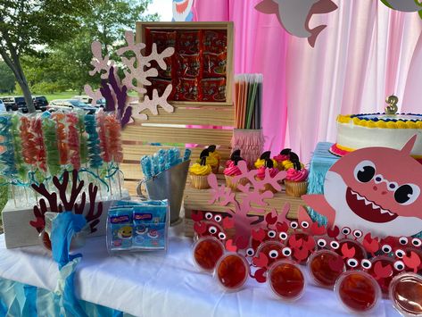 Baby Shark Candy table Shark Candy, One Der The Sea, Baby Shark Birthday, Kid Birthday Party, Shark Party, Shark Birthday, Candy Table, Baby Shark, Kids Birthday Party