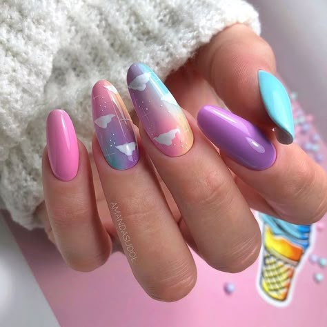 Cloud Nails, Pastel Nails Designs, Summer Gel Nails, Indigo Nails, Tie Dye Nails, Nude Nail Designs, Unicorn Nails, Vibrant Nails, Trendy Nail Design