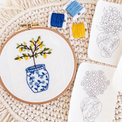 Vase Embroidery, Stick And Stitch Embroidery, Stick And Stitch, Feather Embroidery, Digital Embroidery Patterns, Sewing Embroidery, Embroidery Supplies, Sewing Embroidery Designs, Ginger Jar