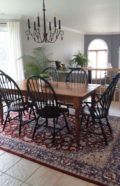 Carpet Under Dining Table, Rug Under Dining Table, Dinning Room Furniture, Handmade Dining Table, Dark Dining Room, Maple Kitchen Cabinets, Traditional Dining Tables, Windsor Chairs, Round Dining Room Table