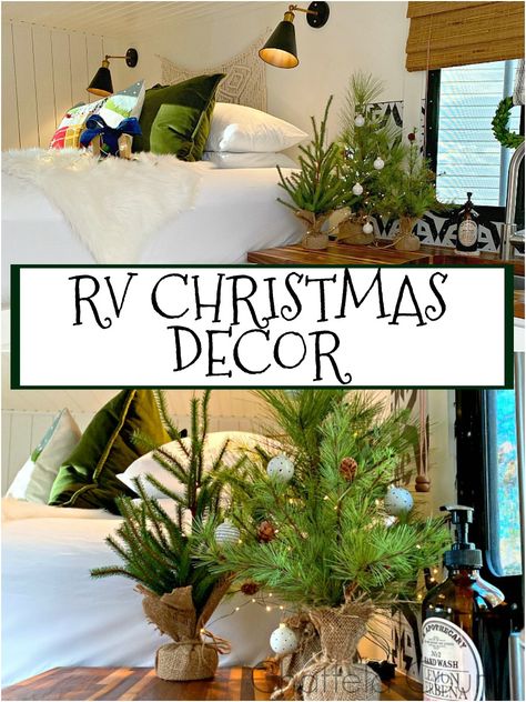 RV Christmas decorations in a tiny 112 square foot cargo trailer conversion. How we used natural elements, trees and lights to give our camper a holiday feel. #RVChristmasdecor #naturalChristmasdecor #Christmascamper #ChristmasRVdecor #ChristmasRVdecorations #RVChristmastree Rv Christmas Decorations, Rv Diy Projects, Rv Christmas, Acorn Garland, Cargo Trailer Conversion, Trailer Conversion, Green Velvet Pillow, Silver Christmas Decorations, Natural Christmas Decor