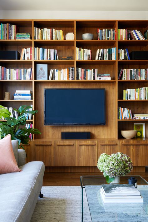 Tv Bookcase Wall Open Shelving, Tv Console Bookshelves, Tv Wall Bookshelf, Walnut Built In Bookshelves, Bookcase Wall With Tv, Living Room Bookshelves With Tv, Full Wall Bookshelf Living Room, Tv In Bookshelf, Bookshelves Tv Wall