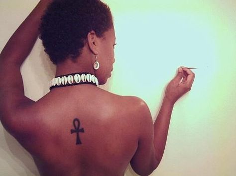 Ankh                                                                                                                                                                                 More Ankh And Sun Tattoo, Ankh Spine Tattoo, Ankh Back Tattoo, Pro Black Tattoos Ideas, Ankh Tattoo Women, Anhk Tattoos, Ankh Tattoos, Tattoos Behind Ear, Ankh Tattoo