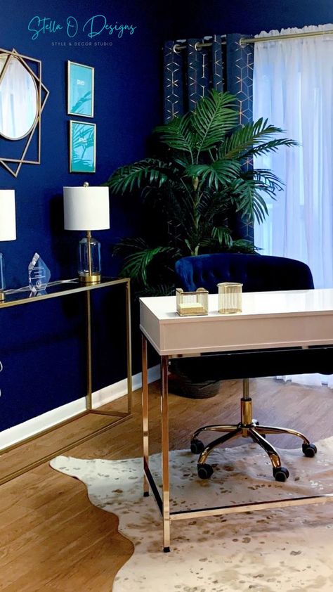 Blue White And Gold Office, Navy Blue Office Walls, Navy And Gold Office, White And Gold Office, Navy Blue Office, Gold Office Decor, Home Office/guest Room, Tiny Office, Gold Office