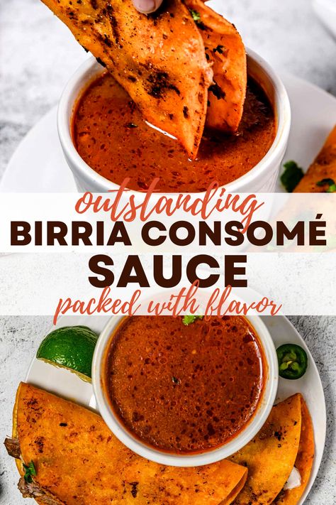 My Birria Consome is a rich and deeply flavorful Mexican sauce made with a mixture of savory, sweet, earthy, smoky, and spicy seasonings which bring incredible flavor to every single bite. Birria consome can be used as the base for a Mexican beef stew, but I love to take the consume and use it as a sauce for quesabirria tacos, burritos, over rice, or even chimichangas! Barrio Tacos, Mexican Sauce Recipes, Taco Sauce Recipes, Quesabirria Tacos, Beef Birria Recipe, Street Taco, Mexican Sauce, Mexican Beef, Tacos Burritos