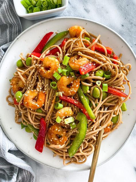 Shrimp Noodles Recipes, Soba Recipe, Sesame Shrimp, Soba Noodles Recipe, Shrimp Noodles, Soba Noodle, Buckwheat Noodles, Noodle Dish, Healthy Shrimp