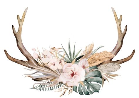 Watercolor deer antlers with with tropic... | Premium Photo #Freepik #photo #watercolor-boho #pampas #tropical-illustration #boho-flowers Deer Antler Tattoo With Flowers, Floral Deer Antler Tattoo, Deer Antler With Flowers, Antlers And Flowers, Antlers With Flowers Drawing, Antlers With Flowers, Antler Flower, Tropical Leaves And Flowers, Tropical Illustration