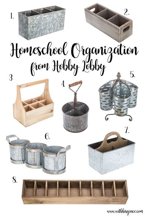 Homeschool Organization from Hobby Lobby – With His Grace Homeschool Supply Organization, Farmhouse Homeschool Room, Farmhouse Homeschool Room Ideas, Small House Homeschool Space, Rustic Homeschool Room Ideas, Rustic Homeschool Room, Homeschool Cubby Organization, Homeschool Supply Caddy, Homeschool Room Decor