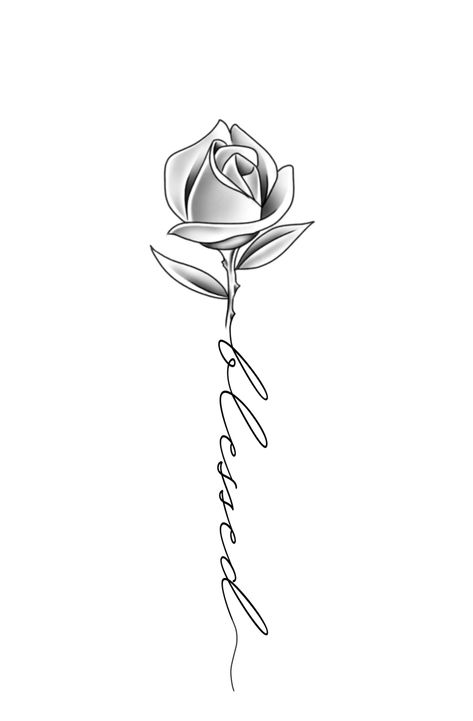 Rose With Blessed Tattoo, Flower Blessed Tattoo, Blessed Rose Tattoo Design, Rose And Name Tattoo Design, Blessed With Roses Tattoo, Rose Name Tattoos For Women, Ethan Tattoo, Blessed Tattoos, Rose Tattoo Stencil