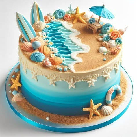 Beach Cakes Birthday, Christmas In July Cake, Luau Cake Ideas, Sea Cake Ideas, Beach Theme Cakes, Summer Cake Ideas, Surfboard Cake, Sea Birthday Cake, Ocean Birthday Cakes