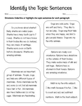 This worksheet can be used after a mini lesson, to use to teach with, or to assess with.  There are 5 mini (informational/opinion) paragraphs.  Each paragraph includes a clear topic sentence and a clear closing sentence.  Students can highlight to identify the topic sentences and/or closing sentences depending on the focus of your lesson.  I found this to be useful for my self contained classroom and hope you find that it helps you too! Can be used as an exit ticket as well!I hope to receive a r Topic Sentence Anchor Chart, Topic Sentence Worksheet, Topic Sentences Anchor Chart, Closing Sentences, Opinion Paragraph, Sentence Anchor Chart, Sentence Writing Activities, 2023 School, Third Grade Writing